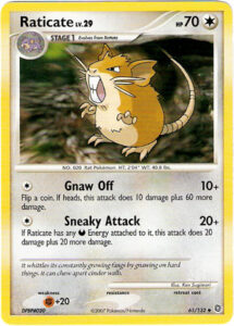 Raticate — Secret Wonders · 61/132 · 2007 (Level 29. Gnaw Off hits for 10, or 70 on heads, and Sneaky Attack does 20 plus 20 more if Raticate has Darkness Energy attached. The card misprints its category as the 'Rat Pokémon' instead of the 'Mouse Pokémon'.)