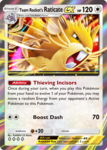Team Rocket's Raticate ex — Team Rocket's Ambition · 059/072 · 2026 (Raticate's first Pokémon ex. When it evolves from your hand, Thieving Incisors pinches a random Energy from your opponent's Active Pokémon and attaches it to Raticate; Boost Dash hits for 70, and it retreats for free. It is the highlight card of the Team Rocket's Raticate ex theme deck.)