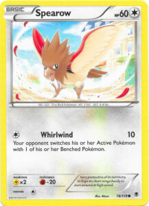 Spearow — Phantom Forces · 78/119 · 2014 (Whirlwind hits for 10, then your opponent has to switch their Active Pokémon with one on their Bench. The illustration is set in Aquacorde Town, and the Bolt Twister theme deck has two copies.)