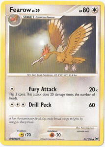 Fearow — Majestic Dawn · 36/100 · 2008 (Fury Attack flips three coins for 20 damage each, and Drill Peck hits for 60.)