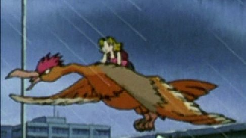 A Trainer sets off for New Island on a Fearow in Mewtwo Strikes Back