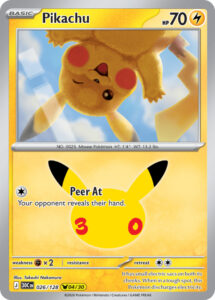Pikachu — 30th Celebration · 026/128 · 2026 (Pikachu rare 04 of 30, with a fireworks holofoil, the 30th Anniversary logo and a second number showing its place in the run. Peer At makes your opponent reveal their hand.)