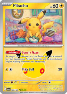 Pikachu — 30th Celebration · 028/128 · 2026 (Pikachu rare 06 of 30, with a fireworks holofoil, the 30th Anniversary logo and a second number showing its place in the run. Lonely Gaze softens every hit while it is in the Active Spot.)