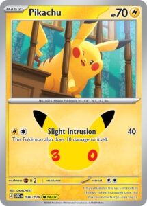 Pikachu — 30th Celebration · 036/128 · 2026 (Pikachu rare 14 of 30, with a fireworks holofoil, the 30th Anniversary logo and a second number showing its place in the run.)