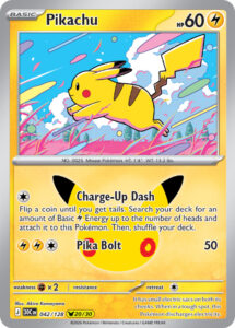 Pikachu — 30th Celebration · 042/128 · 2026 (Pikachu rare 20 of 30, with a fireworks holofoil, the 30th Anniversary logo and a second number showing its place in the run. Pika Bolt first appeared on EX Sandstorm Pikachu.)
