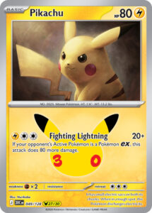 Pikachu — 30th Celebration · 049/128 · 2026 (Pikachu rare 27 of 30, with a fireworks holofoil, the 30th Anniversary logo and a second number showing its place in the run. Fighting Lightning does an extra 80 to a Pokémon ex.)