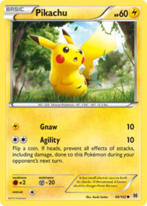 Pikachu — BREAKthrough · 48/162 · 2015 (Gnaw is a nod to Pikachu's very first card in Base Set, and Agility can shrug off a whole attack. In Japan it opened the Raichu BREAK Evolution Pack.)
