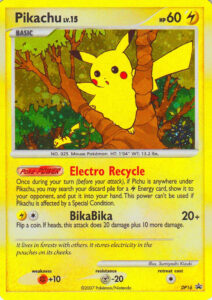 Pikachu — DP Black Star Promos · DP16 · 2007 (The Mysterious Treasures card redrawn by the same artist, showing the same scene from a different angle. It came in the Secret Wonders Deck Pack, and in DP Value Pack 2 outside North America. A holo version with a silver snowflake stamp was the Christmas Eve card in the Pokémon Countdown Calendar (October 2008).)