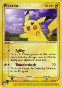 Pikachu — EX Team Magma vs Team Aqua · 43/95 · 2004 (Same attacks as Nintendo Black Star Promo 012, with new Ken Sugimori art set against a stock-photo background. In Japan it was a Meiji chocolate campaign promo.)