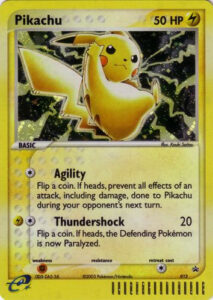 Pikachu — Nintendo Black Star Promos · 012 · 2003 (Came in the EX Series Collector's Tin. In Japan it was a 7-Eleven drinks campaign promo in holo and non-holo; a 10th Anniversary stamped print followed at the Journey Across America tour in 2006.)