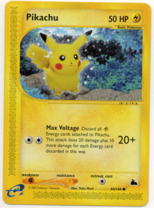 Pikachu — Skyridge · 84/144 · 2003 (Max Voltage throws away all of Pikachu's Lightning Energy for 20 damage plus 10 per card discarded. Its e-Reader strip unlocks the Pika Pop mini-game together with three other Skyridge cards.)