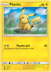 Pikachu — SM Black Star Promos · SM183 · 2019 (Thunder Jolt hits for 40 but zaps Pikachu for 20. From Unbroken Bonds single-pack blisters. Japan's first print came out of a Toys "R" Us lucky box.)
