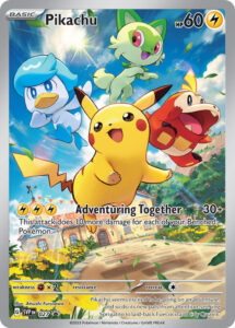 Pikachu — SVP Black Star Promos · 027 · 2023 (Pikachu sets off with Sprigatito, Fuecoco and Quaxly. From the Paldea Evolved Elite Trainer Box (the Pokémon Center version adds a Pokémon Center logo). In Japan it was the pre-order bonus for Pokémon Scarlet and Violet.)