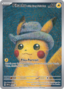 Pikachu with Grey Felt Hat — SVP Black Star Promos · 085 · 2023 (Pikachu as Vincent van Gogh's 1887 Self-Portrait with Grey Felt Hat, made for the Van Gogh Museum's 50th anniversary. Visitors earned it by completing the museum's Pokémon Adventure leaflet (28 September 2023 to 7 January 2024); it was also an online bonus. Of six collaboration paintings, only this one became a card, and it was barred from the 2024 World Championships because it was never distributed worldwide.)