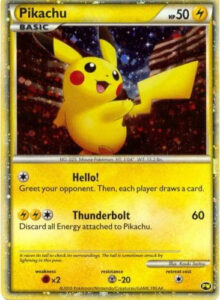 Pikachu — World Collection · 2010 (Pikachu World Collection 2010 printed this Cosmos Holo card in nine languages, each with its own art and many in the colours of the country's flag. The English version, by Kouki Saitou, kept the Japanese set symbol. Hello! greets your opponent and lets both players draw a card.)