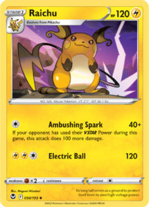 Raichu — Silver Tempest · 050/195 · 2022 (A neat counterpart to Lost Origin's Raichu: Ambushing Spark gains 100 damage if your opponent has used their VSTAR Power. The art returned in Pokémon TCG Pocket's Mega Shine.)