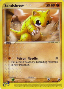 Sandshrew — EX Sandstorm · 75/100 · 2003 (A desert dweller in the desert-themed set. Poison Needle hits for 10 and poisons the Defending Pokémon on heads. Its e-Reader strip carries Pokédex data and an area summary for Ruby and Sapphire.)