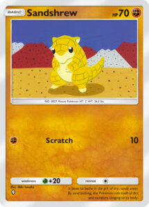 Sandshrew — Genetic Apex · 137/226 · 2024 (Scratch hits for 10. The art is Miki Tanaka's Japan-only vending-machine Sandshrew from 1998, and in Genetic Apex it sits right next to her Skyridge Sandslash art, two pictures that never shared a set before.)