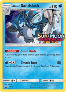 Alolan Sandslash — SM Black Star Promos · SM18 · 2017 (A Prerelease promo with brand-new art by TOKIYA and the same Slush Rush and Smash Turn as the Guardians Rising card. It was one of four stamped promos (one per Prerelease Kit) at the Guardians Rising Prerelease tournaments in April 2017.)