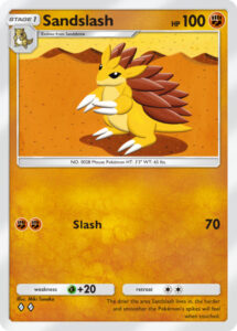 Sandslash — Genetic Apex · 138/226 · 2024 (Slash hits for 70 for two Fighting Energy. It is the headline card of the Sandslash Deck, the first deck given to players whose very first pack was a Mewtwo pack. The art is Miki Tanaka's from Skyridge, and in Genetic Apex it sits right next to her vending-machine Sandshrew, two pictures that never shared a set before.)