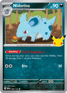 Nidorina — 30th Celebration · 088/128 · 2026 (A birthday card full of 30s for Pokédex No. 030: Share Happiness heals 30 damage from one of your Pokémon once a turn, and Bite does 30.)