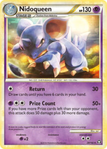 Nidoqueen — Triumphant · 28/102 · 2010 (Look closely and there is a Moon Stone in the picture. Return deals 30 and lets you draw until you hold six cards, and Prize Count adds 30 damage when you have more Prize cards left than your opponent.)