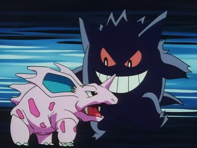 Nidorino lunges at Gengar with Horn Attack in the anime's very first scene