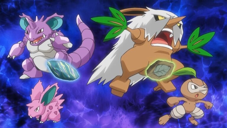 Cilan's Evolution-stone demonstration, with Nidoran♂ leaping straight to Nidoking
