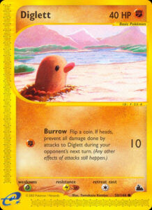 Diglett — Skyridge · 50/144 · 2003 (On heads, Burrow shields it from all attack damage for a turn; in Japanese the attack shares its name with Diglett's Sand Veil Ability. The long e-Reader strip holds music for the Construction: Melody Box, and the art was reused in TCG Pocket's Secluded Springs.)