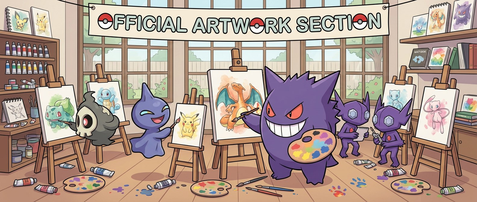 Pokémon painting at easels in an art studio under an Official Artwork Section banner
