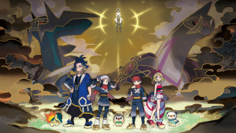 Arceus above Dialga, Palkia, Adaman, Irida, Rei and Akari