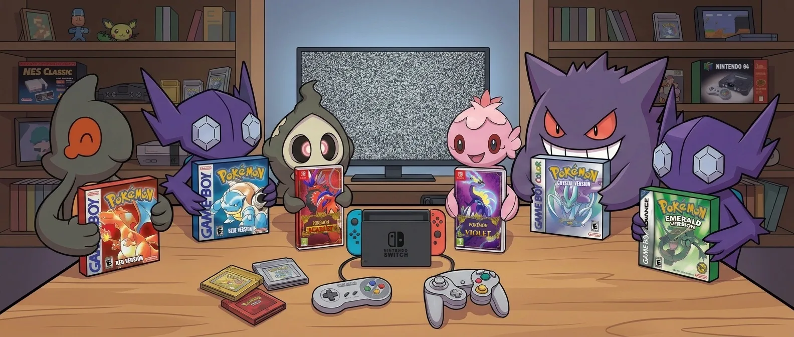 Gengar, Sableye and friends gathered round a table of Pokémon games, from Red and Blue on Game Boy to Scarlet and Violet on Nintendo Switch