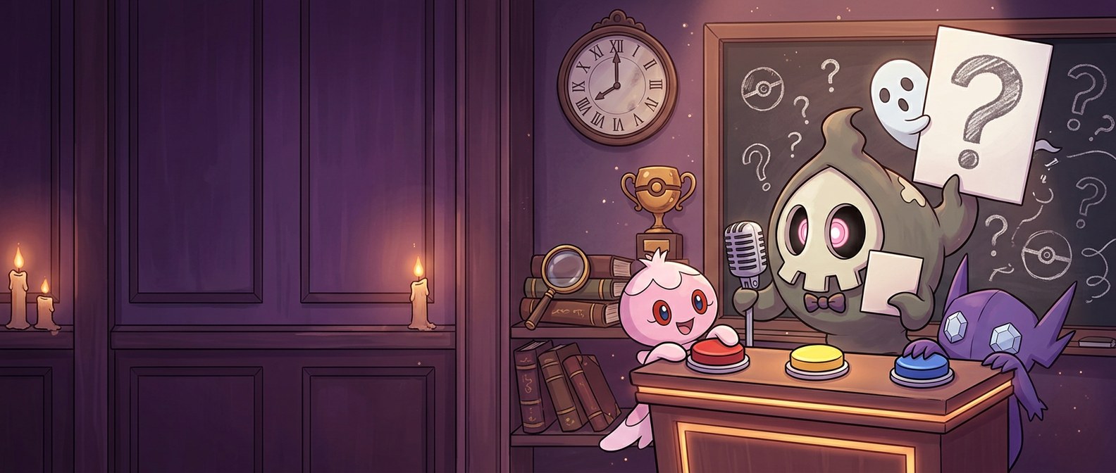 Pok&eacute;mon Quizzes: ghost Pok&eacute;mon hosting a haunted quiz show