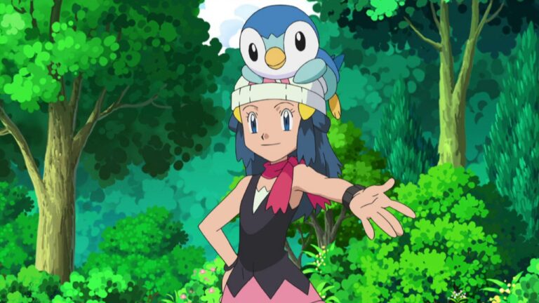 Dawn and Piplup, back as guests at Cynthia’s villa, in Piplup, Pansage, and a Meeting of the Times! (BW086)