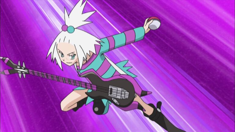 Roxie, Virbank City’s punk-rock Gym Leader, who awards Ash his eighth Badge (BW083–BW084)