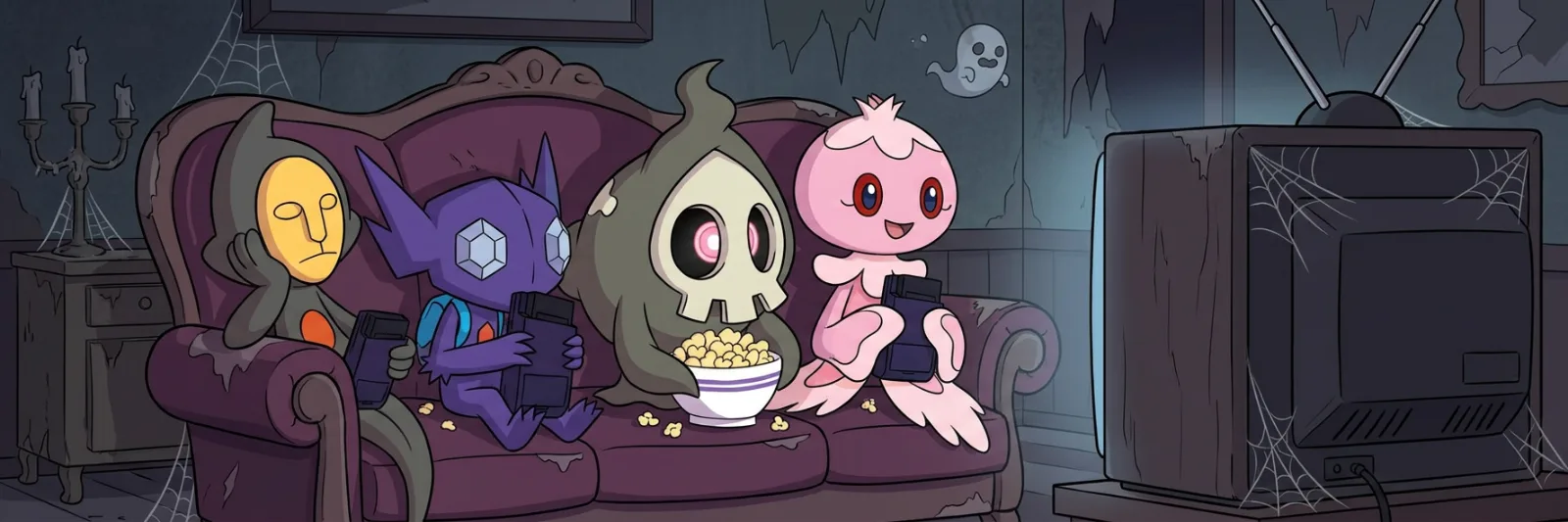 Ghost-type Pokémon sharing a bowl of popcorn as they watch the anime on an old TV in a haunted living room