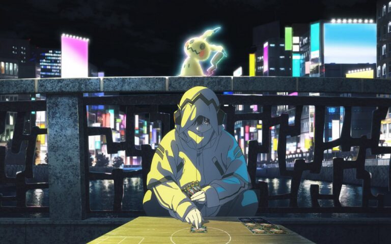 Pokémon: Wild Card key visual – Mikiya playing the TCG with Mimikyu on a bridge railing behind him